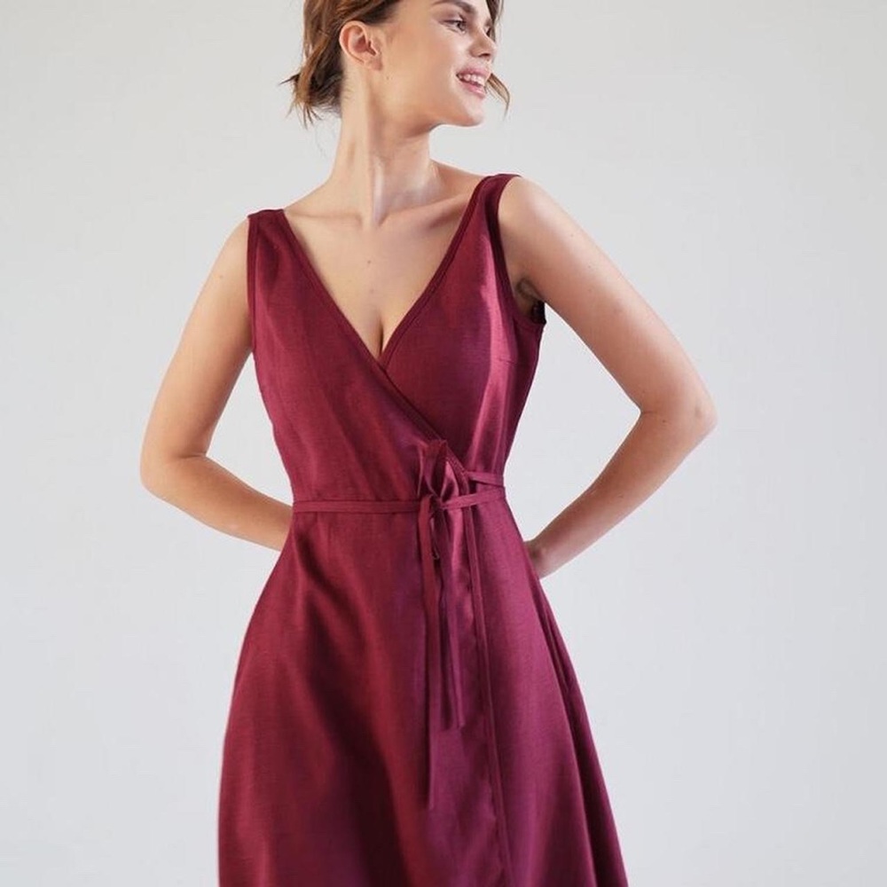 NAVY V NECK LINEN HANDMADE WRAP DRESS ROSIE SIZE 10